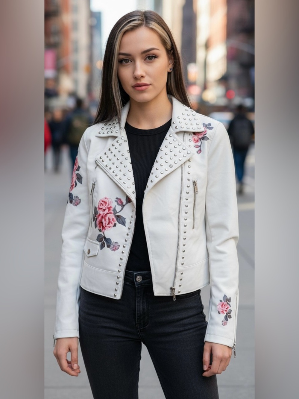 #029 Forever 21 White Faux Leather Studded Floral Moto Jacket Junior Small